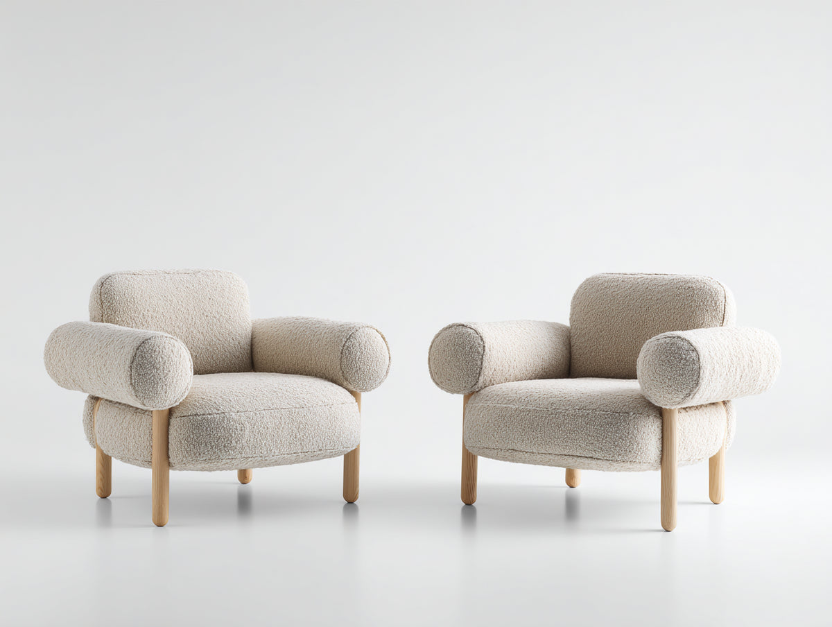 Sedia da pranzo - Tessuto bouclé-Legno - 78x75x76 cm - Avorio-Marrone naturale - Moderno